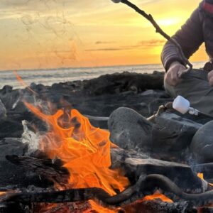 sitting by the fire on the lost coast trail making marshmellows