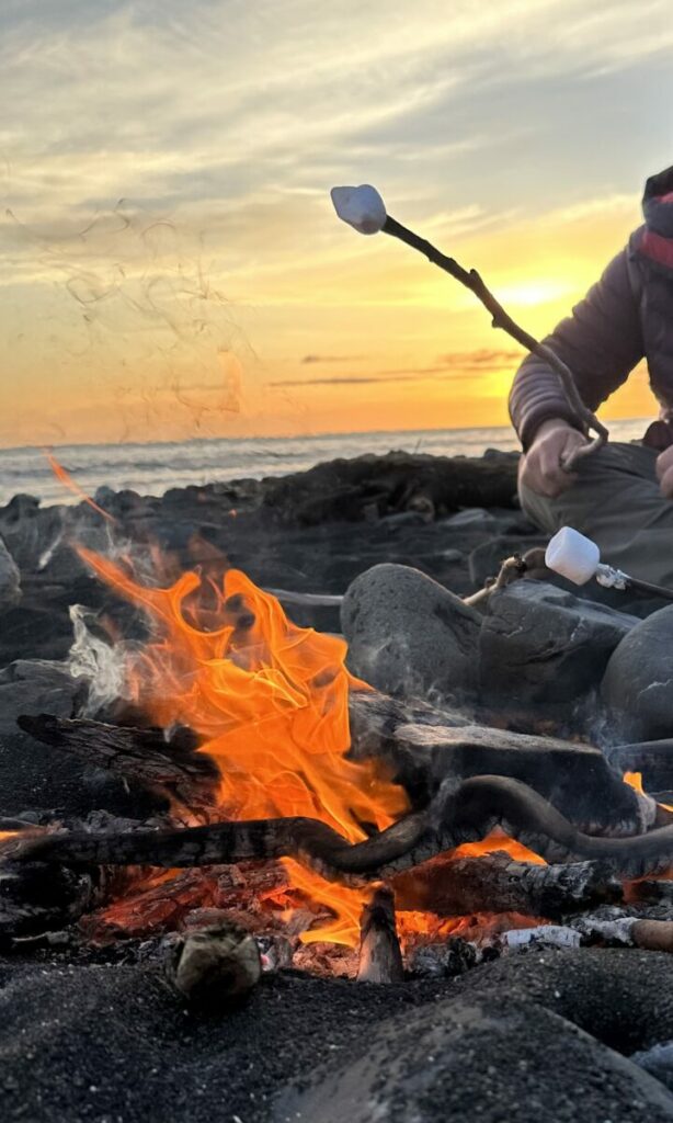 sitting by the fire on the lost coast trail making marshmellows